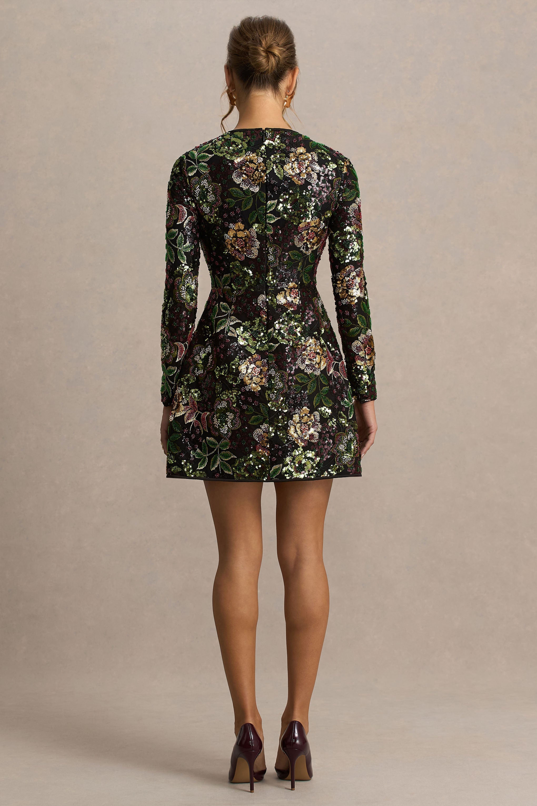 Moonlit | Winter Floral Mesh And Sequin Crew-Neck Mini Dress