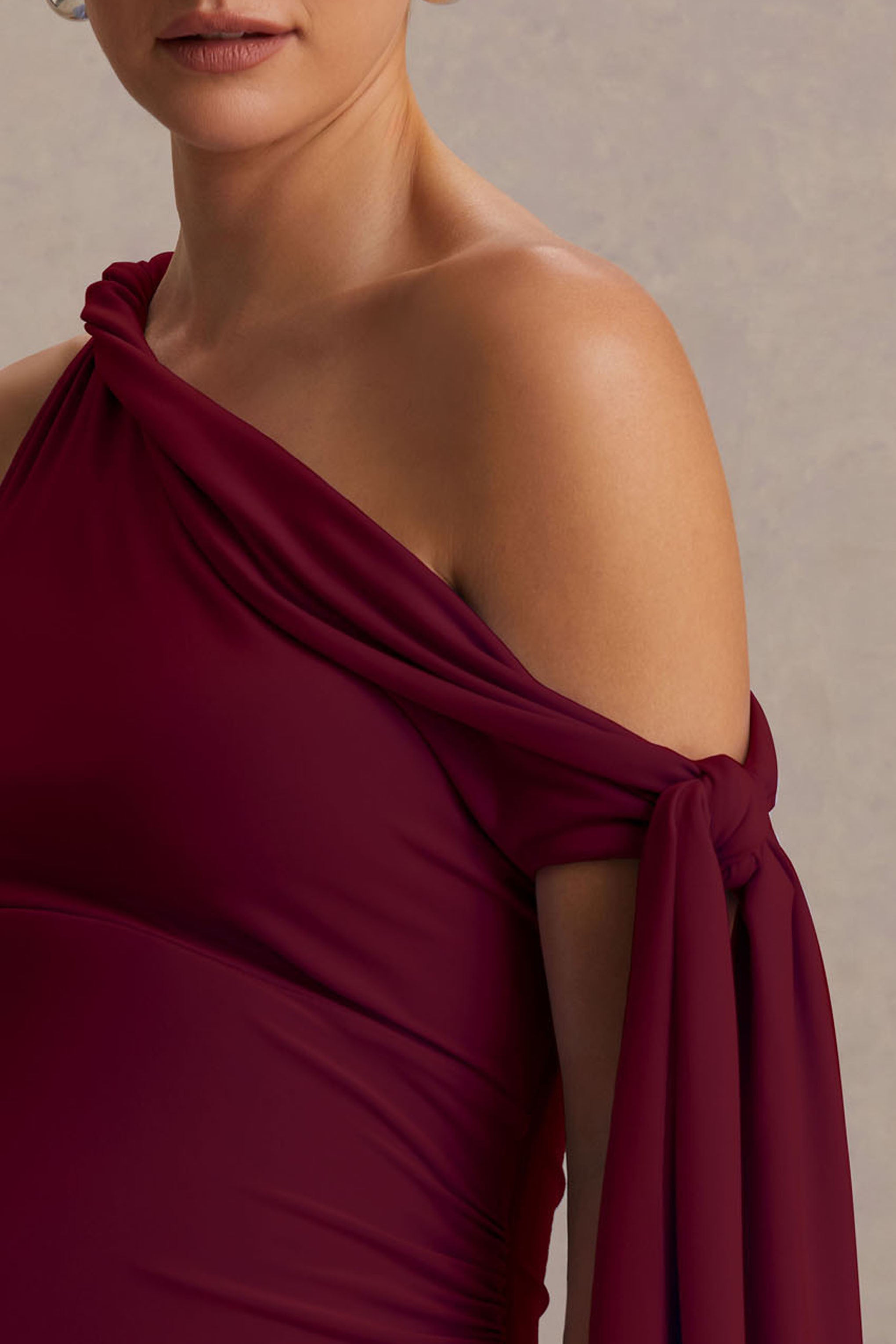 Orielle | Burgundy Asymmetric-Neck Maternity Maxi Dress With Knot-Sleeve And Sash