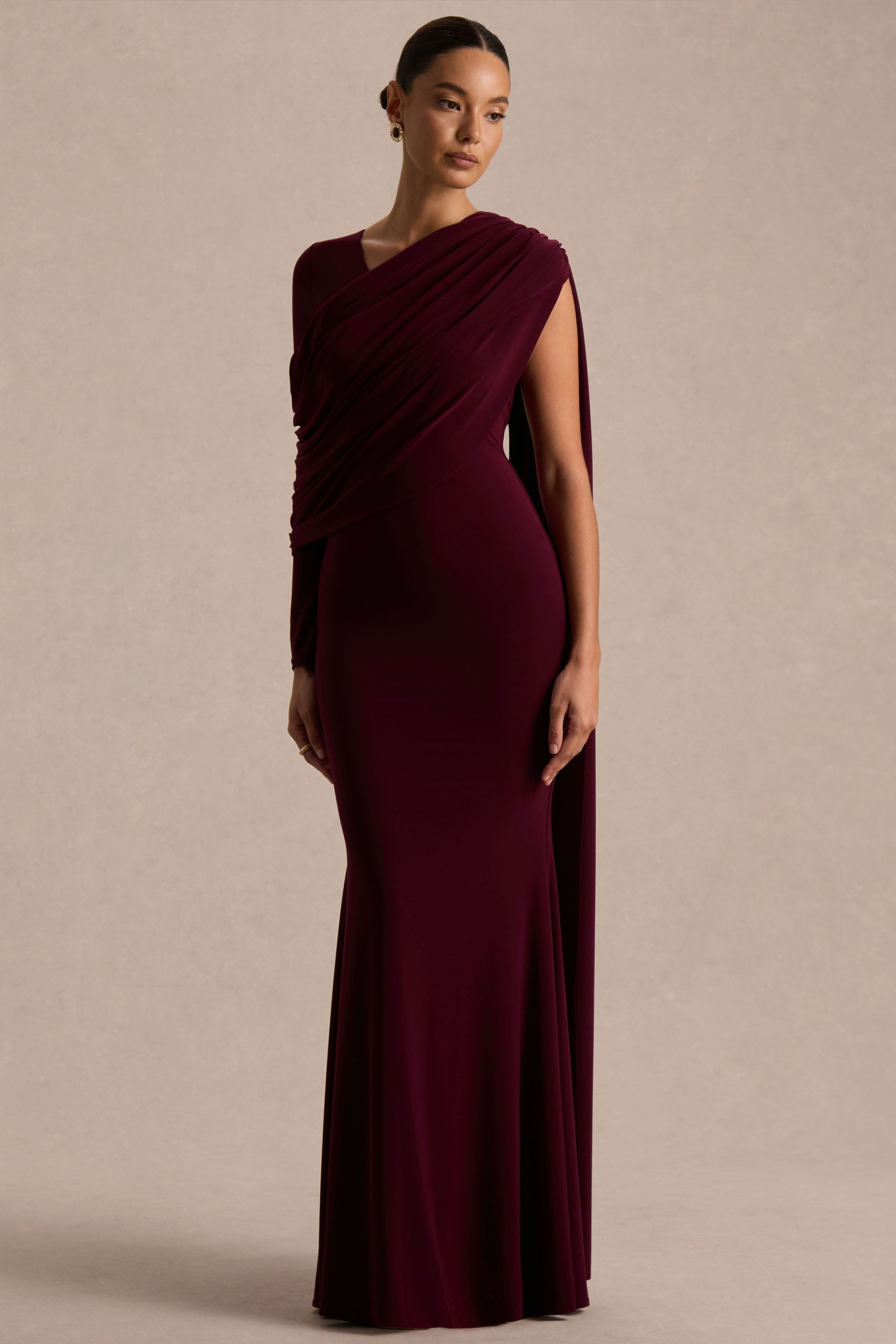 Rubelle | Burgundy Asymmetric Neck Maxi Dress With Draped Detailing