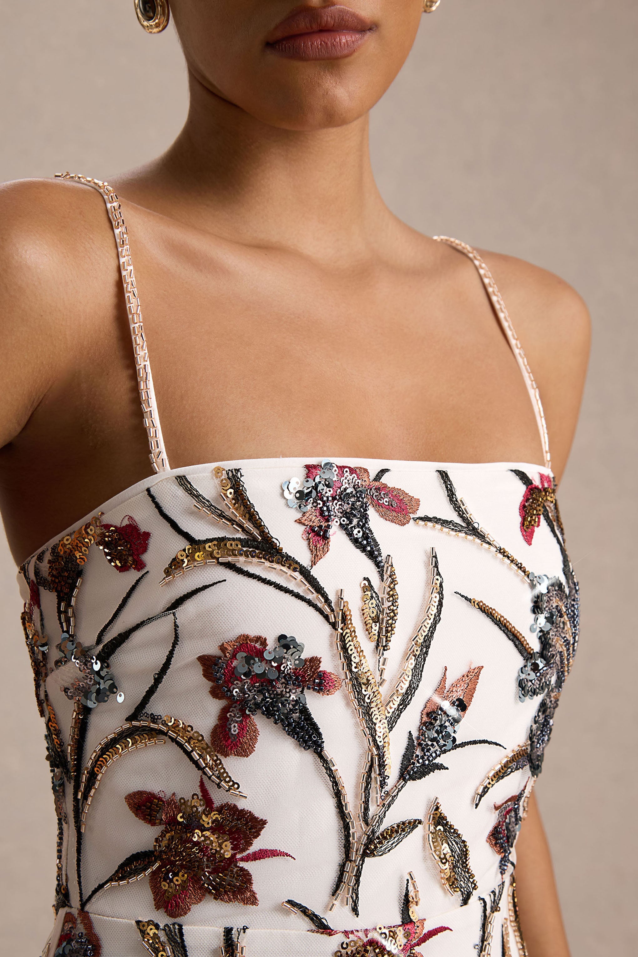 Kyle | Cream Sequin Floral Embellished Square-Neck Maxi Dress