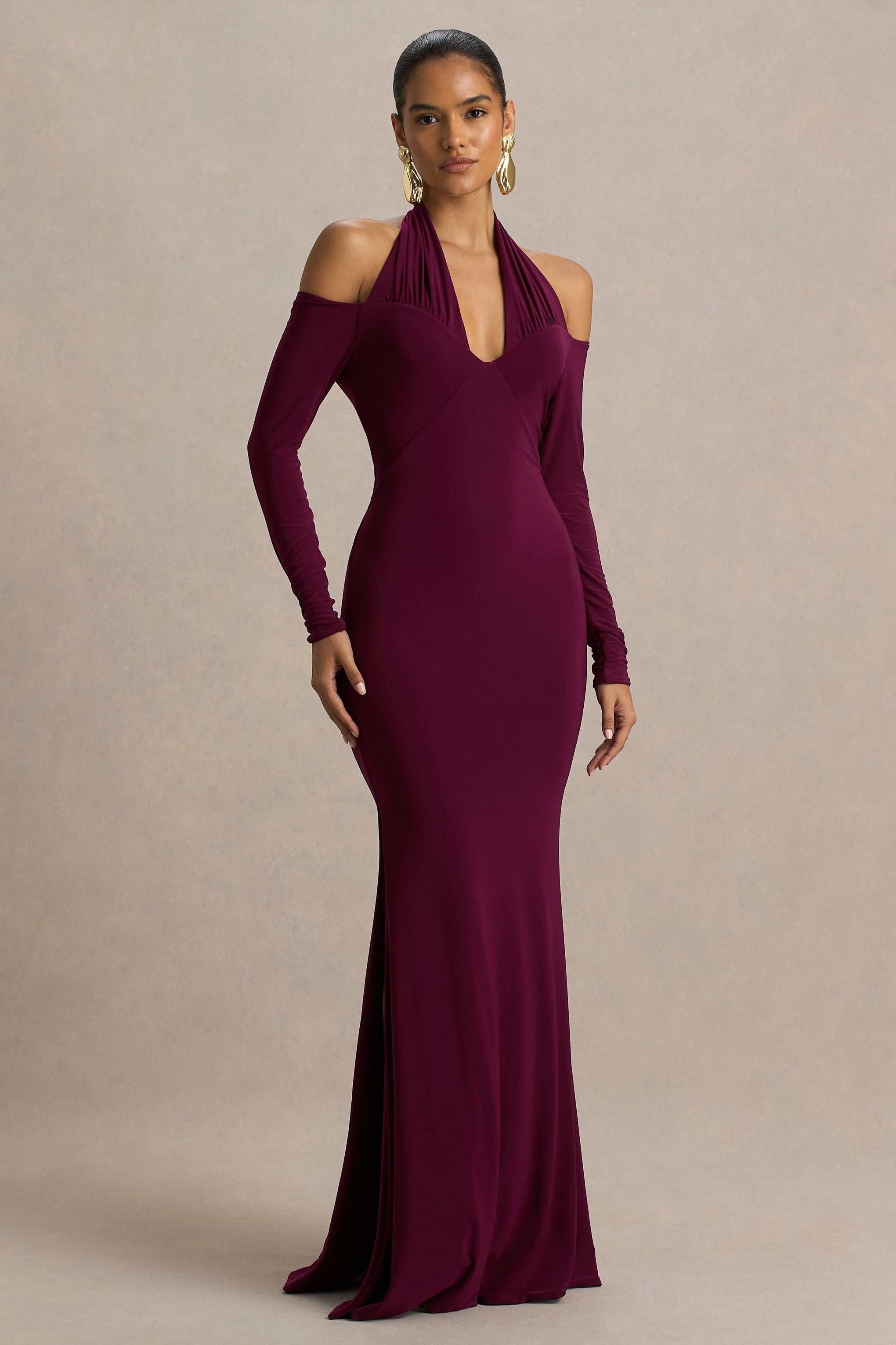 Living High | Burgundy Halter-Neck Maxi Dress With Long Sleeves