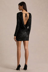 Mercedes | Black Sequin Boat-Neck Mini Dress With Draped Detail And Open Back