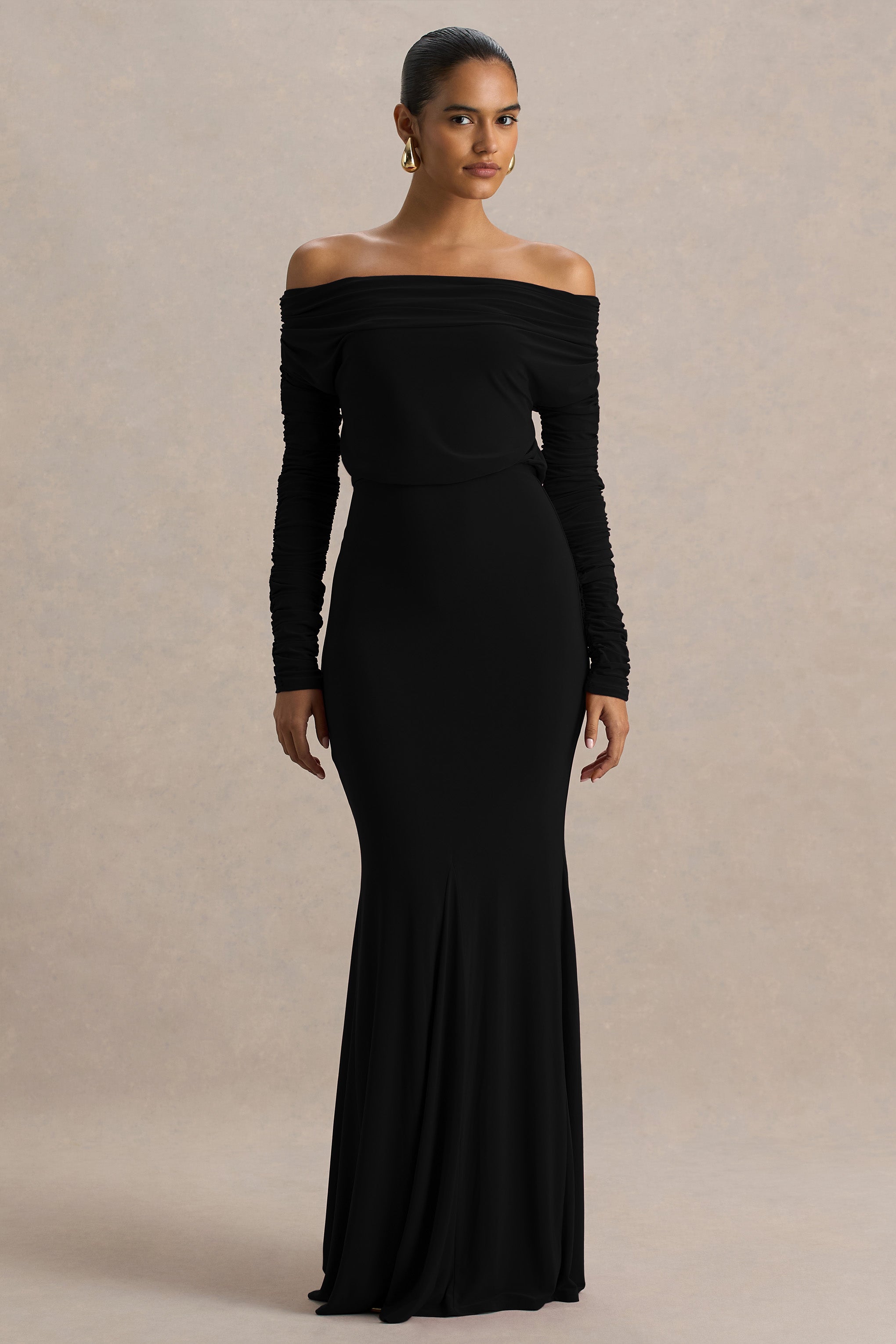 Cilla | Black Bardot-Neck Maxi Dress With Ruched Detailing