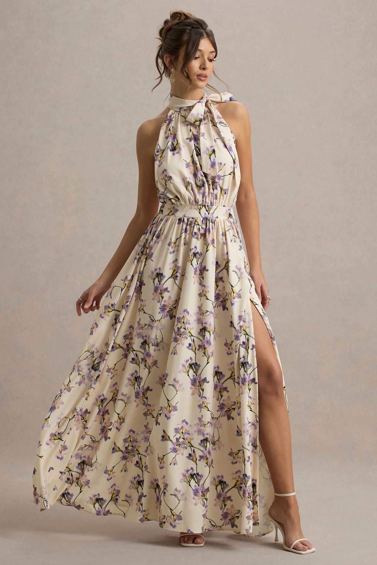 Talia | Lemon Floral Print High-Neck Split Maxi Dress With Bow