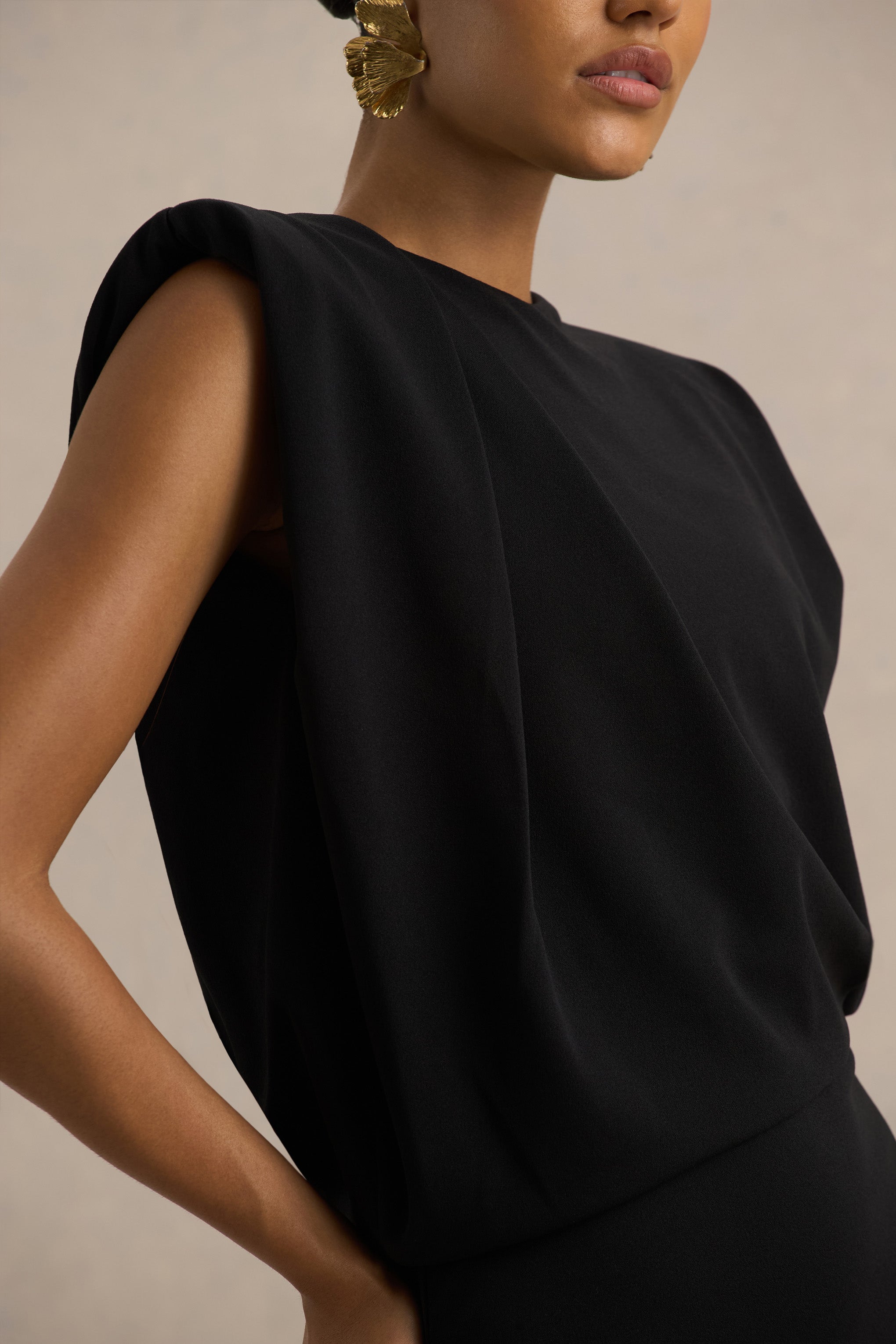 Meave | Black Boat-Neck Maxi Dress With Draped Detail
