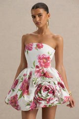 Adira | Cream Floral Print Bandeau Puffball Mini Dress With Ruffle Detail
