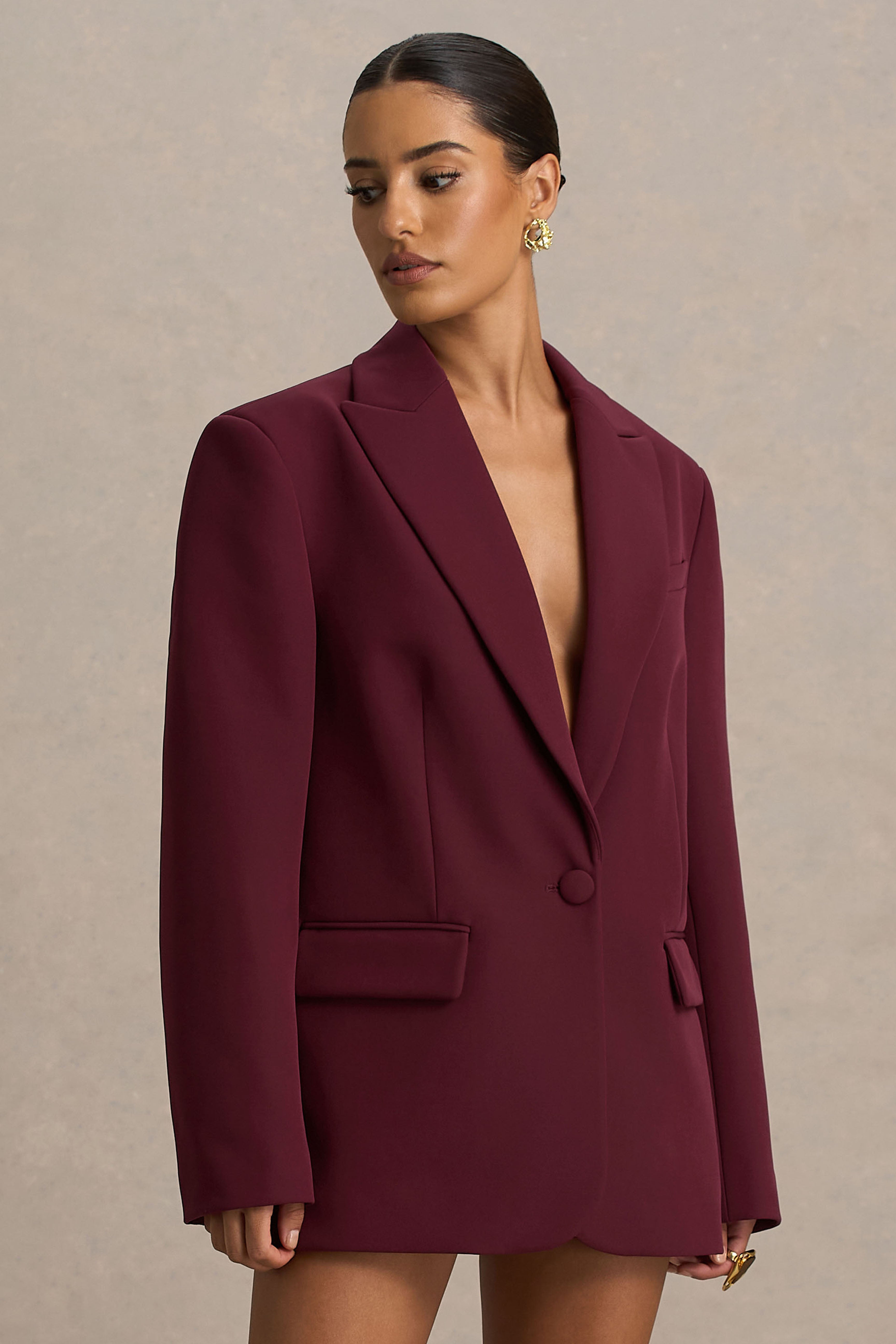 Katherine | Burgundy Plunge-Neck Tailored Blazer
