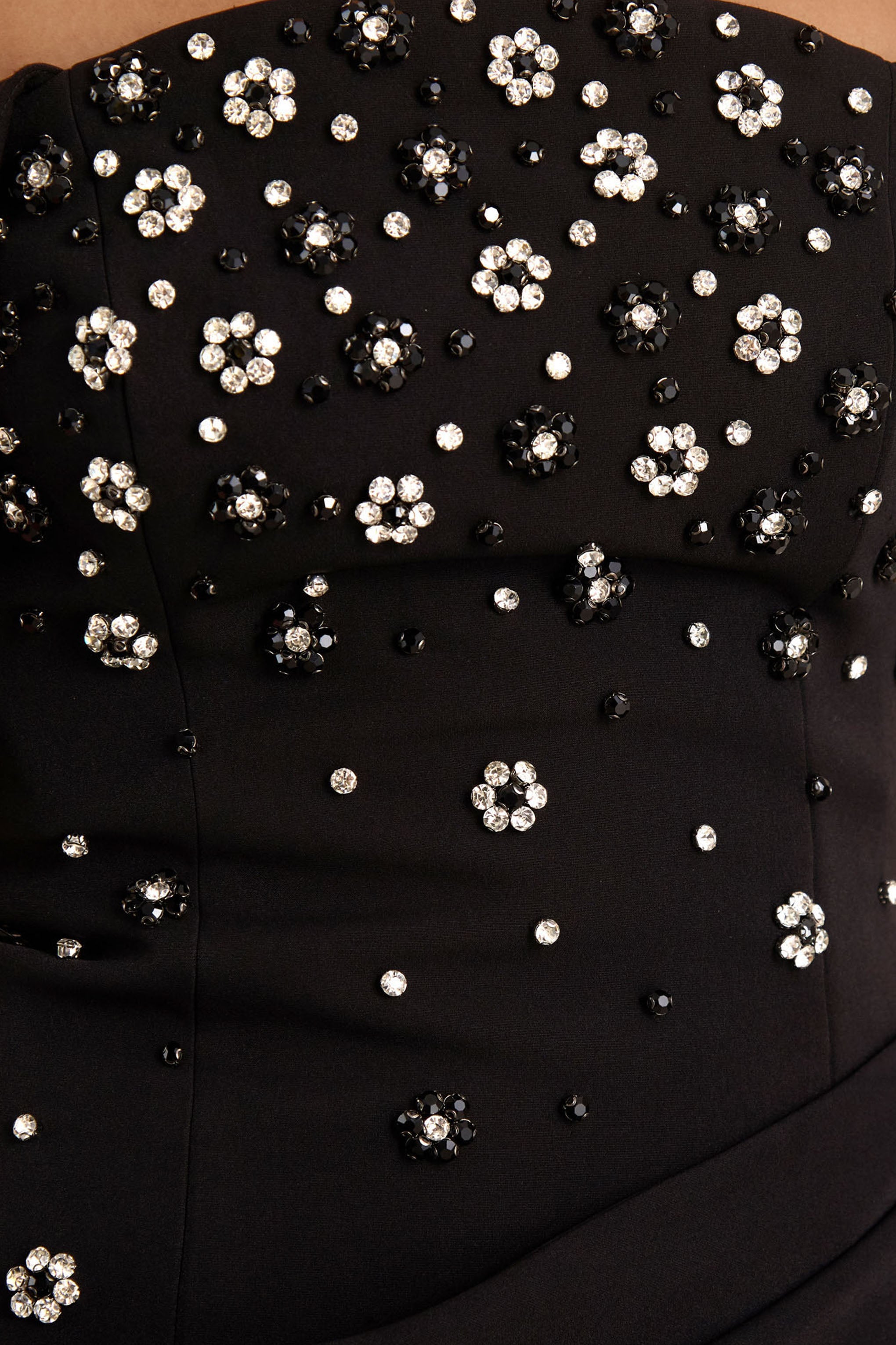 Sylvia | Black Hand-Embellished Bardot-Neck Midi Dress With Draped Satin-Wrap Skirt