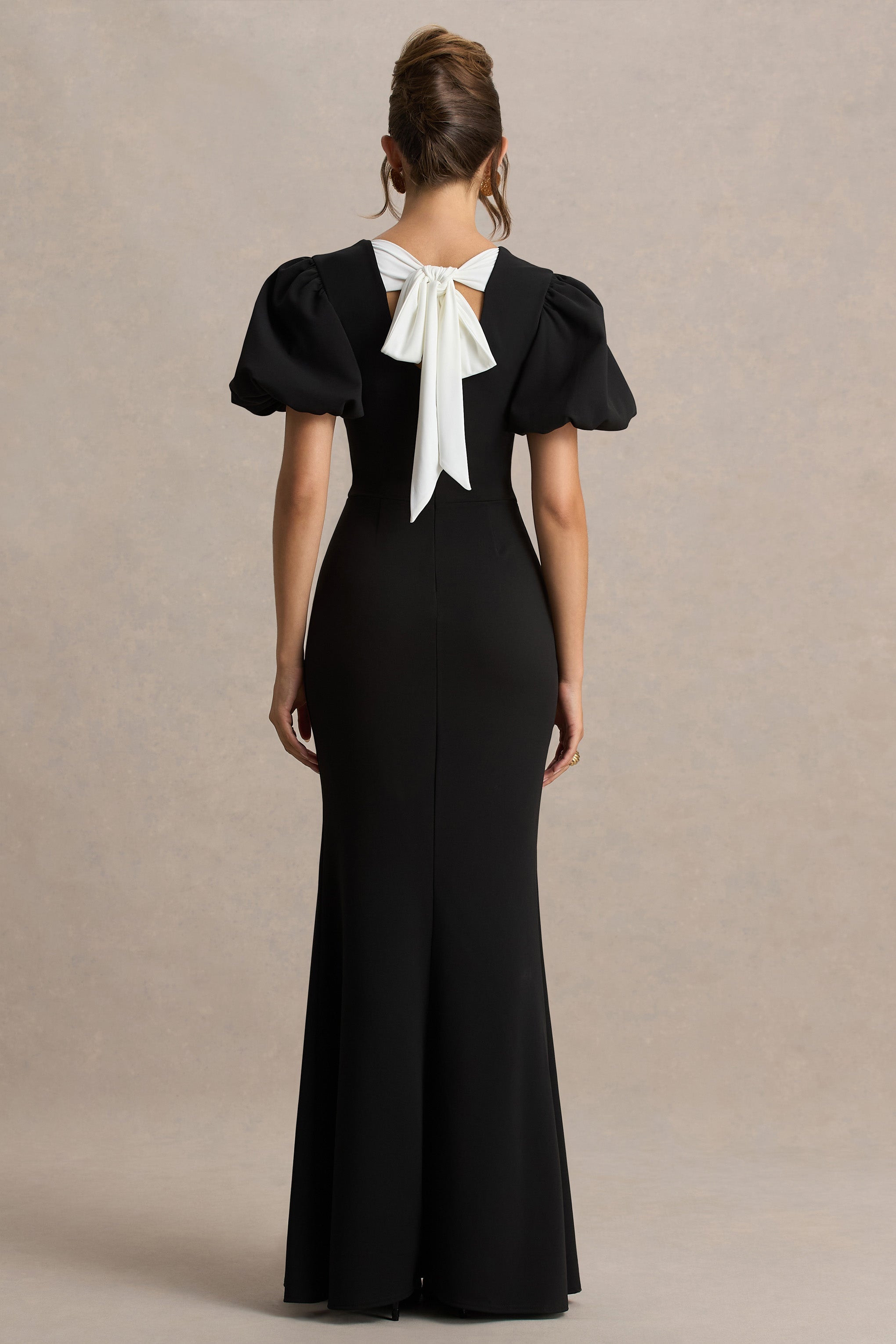 Carolina | Black Puff-Sleeve Maxi Dress With White Bow Detail