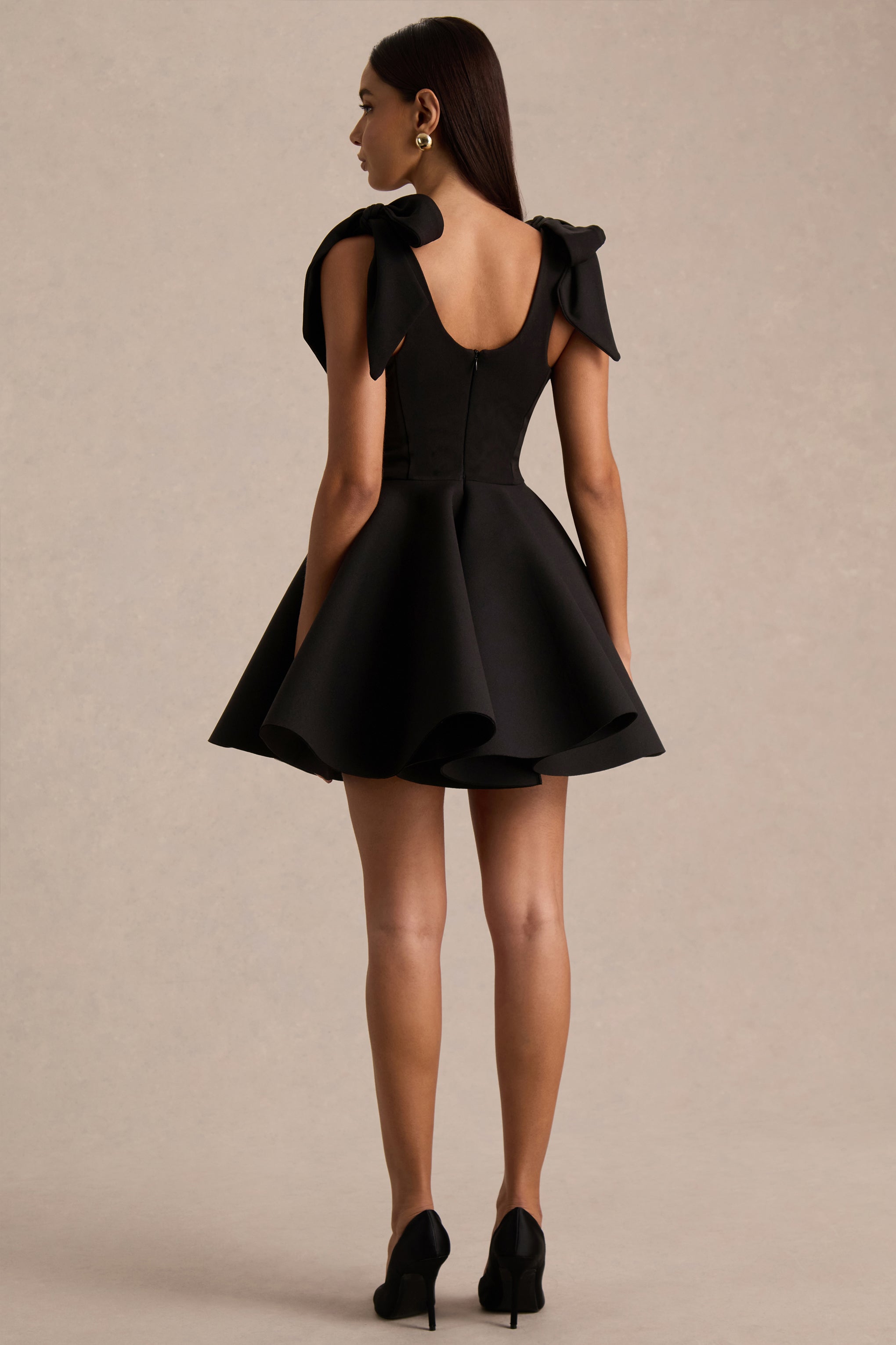 Hestia | Black Sweetheart-Neck Mini Dress With Bow Sleeves