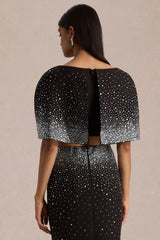 Luxy | Black Embellished Boat-Neck Crop-Top With Cape-Sleeves