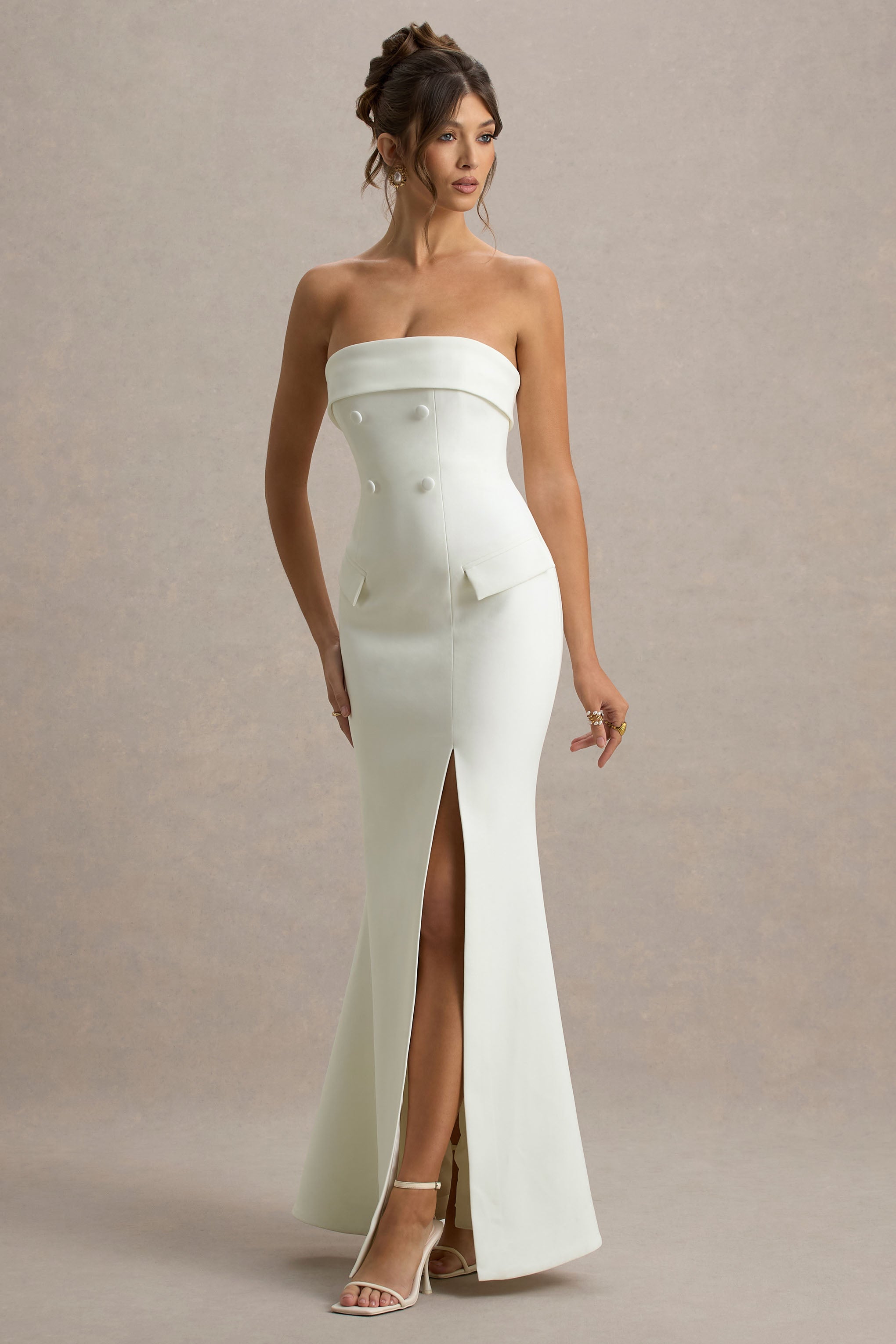 Lucia | Cream Bandeau Tailored Maxi Dress With Split