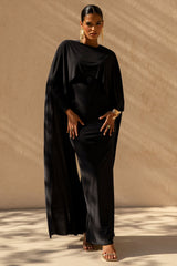 Belinda | Black Draped Maxi Dress With Cape Sleeves