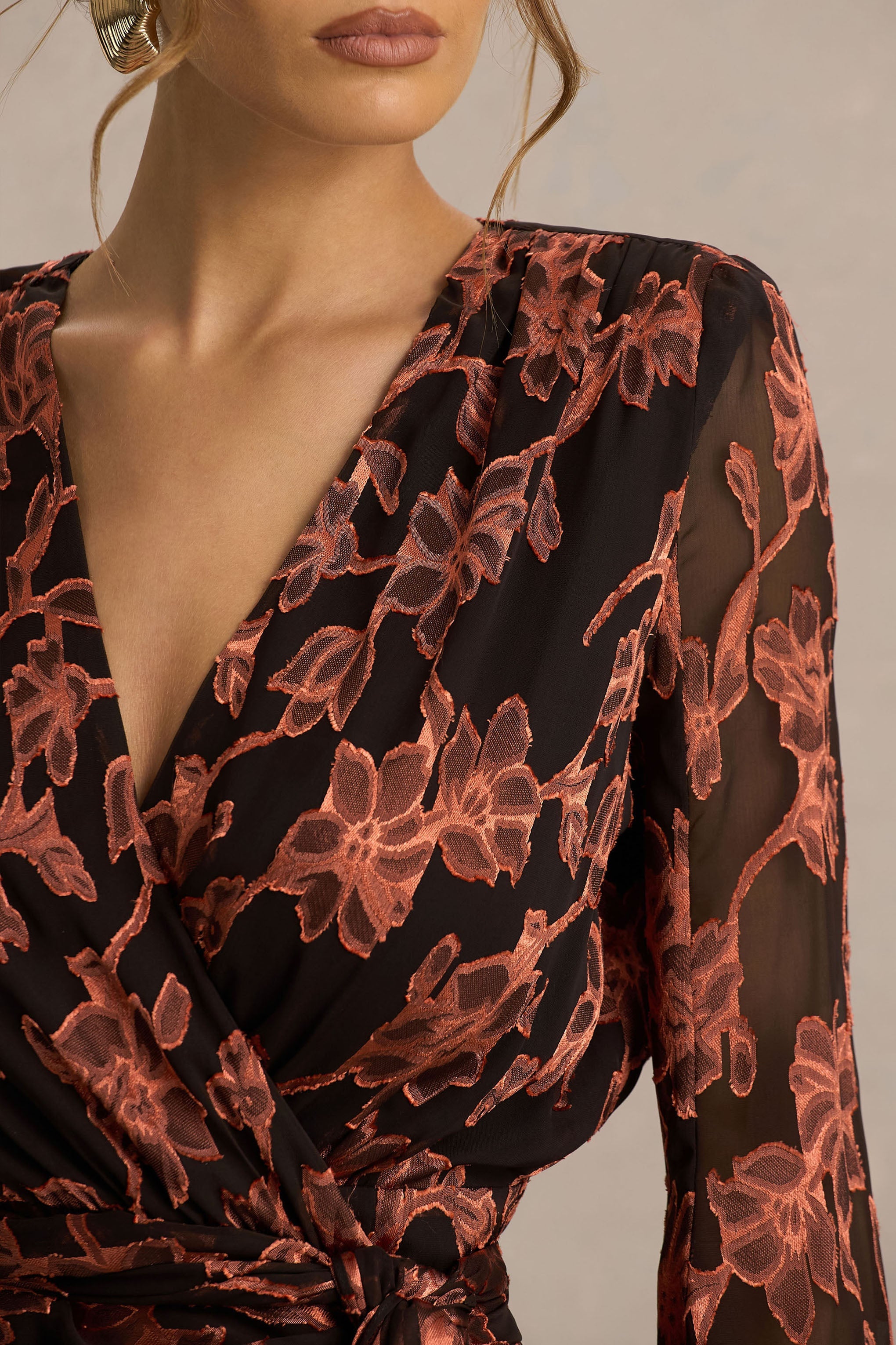 Lindsey | Black And Rust Plunge-Neck Wrap Mini Dress With Bell Sleeves And Sash Detail