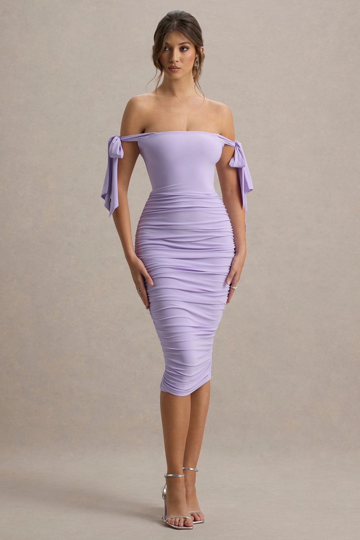 Citrus | Lilac Bardot Bodycon Midi Dress With Bow Sleeves