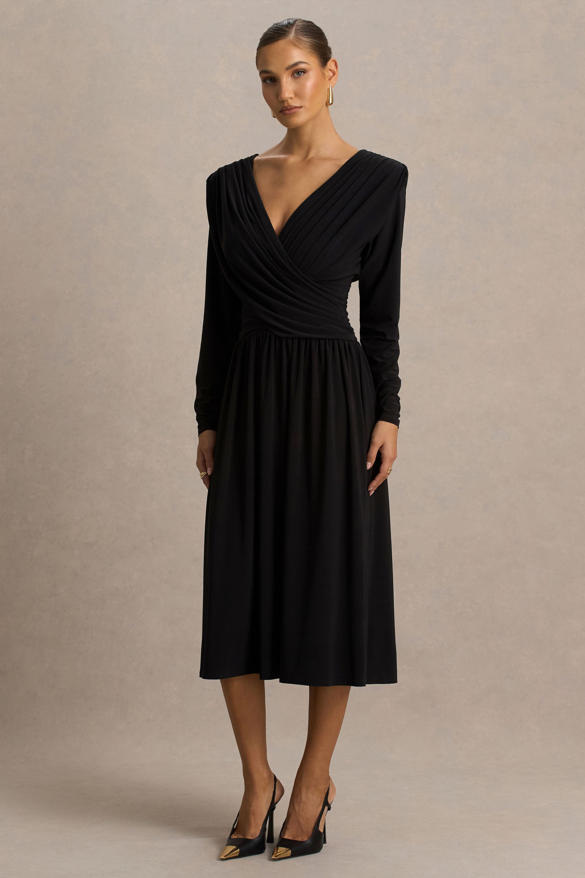 Alexis | Black Plunge-Neck Midi Dress With Draped And Ruched Detailing