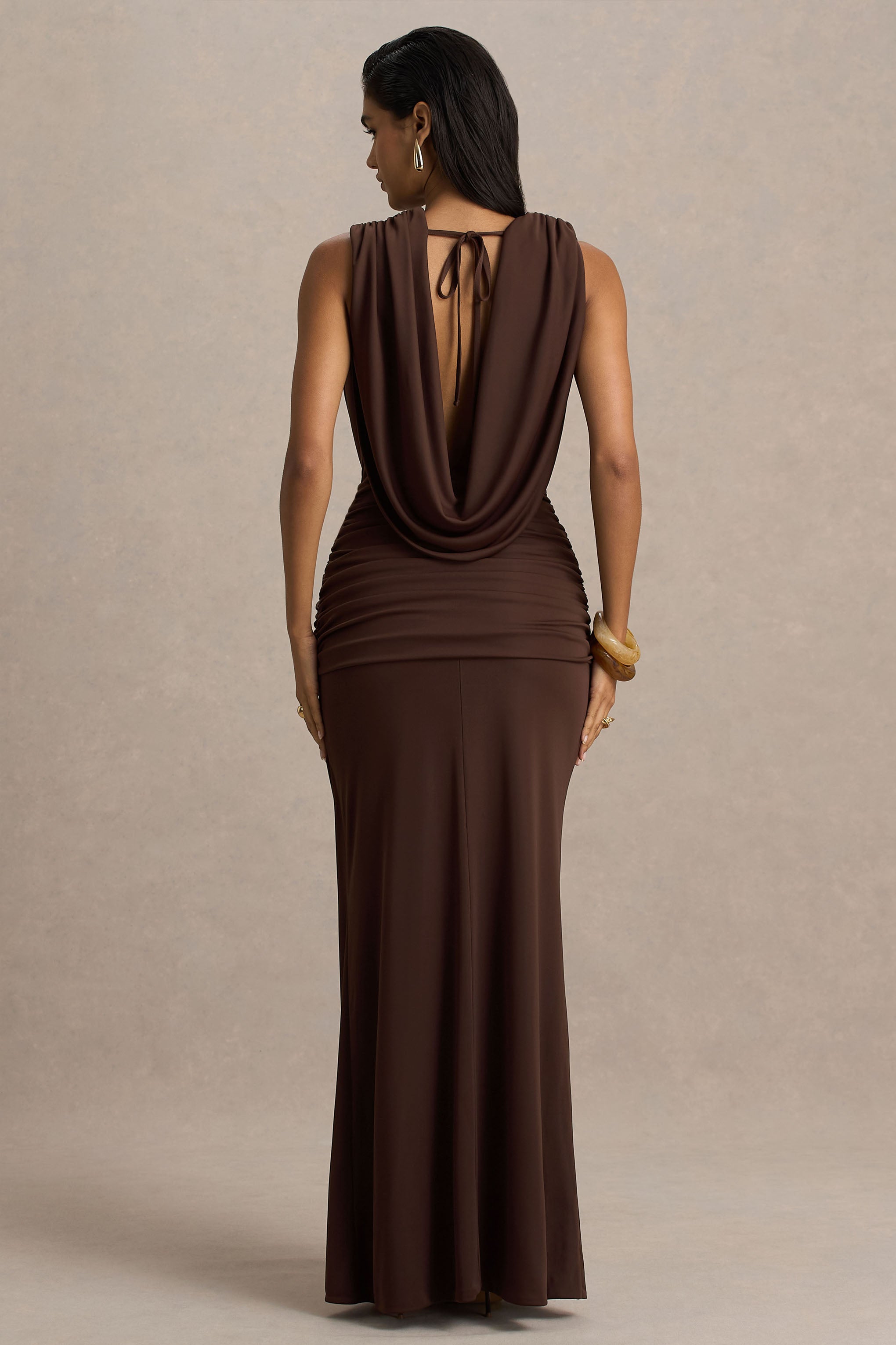 Serafina | Chocolate Extreme-Plunge Neck Maxi Dress With Wrap And Ruched Details