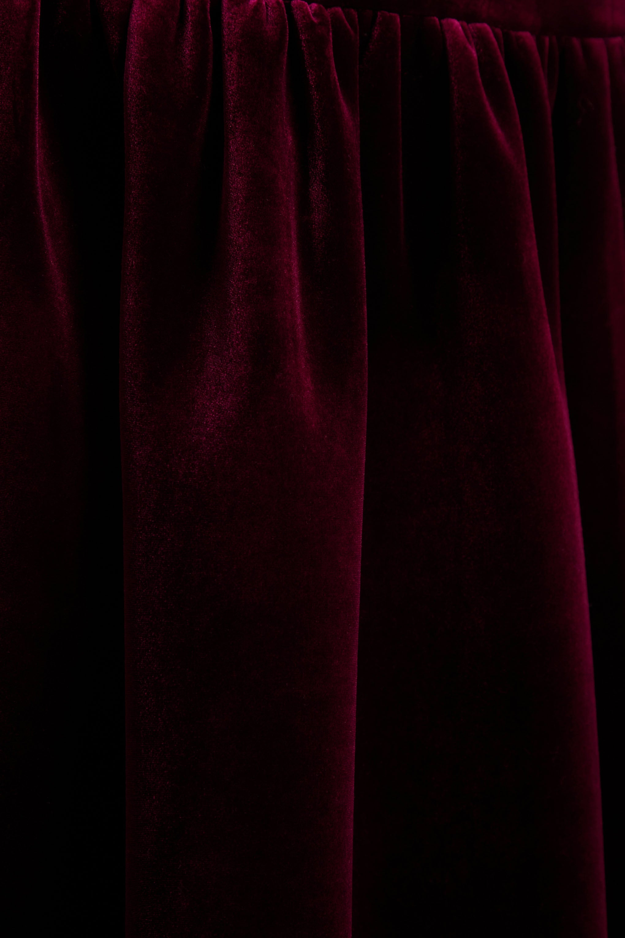 Violetta | Burgundy Velvet Bandeau Midi Dress With Drop-Waist And Gathered Skirt