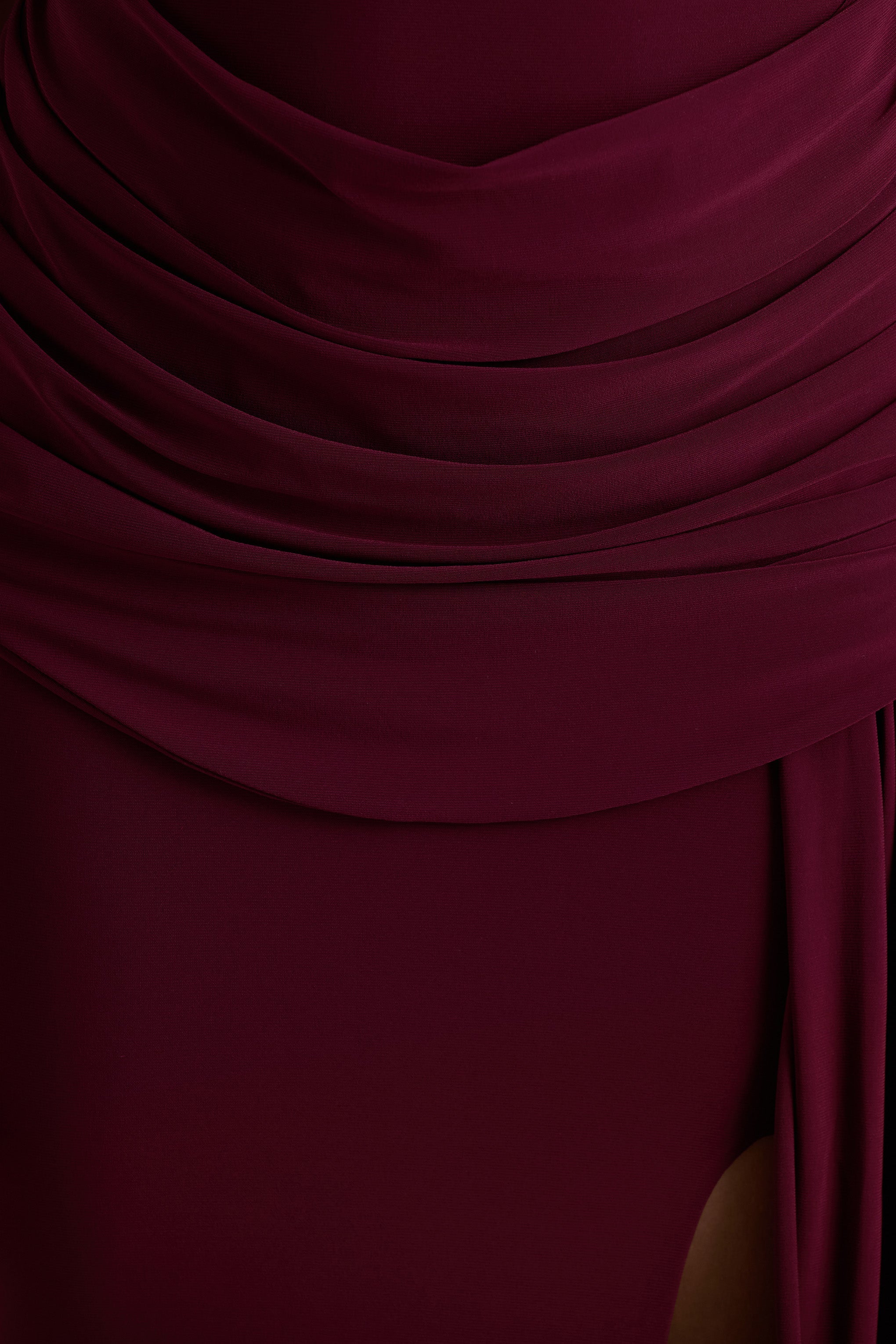 Dynasty | Burgundy Asymmetric-Neck Maxi Dress With Ruched Detailing And Front High-Split