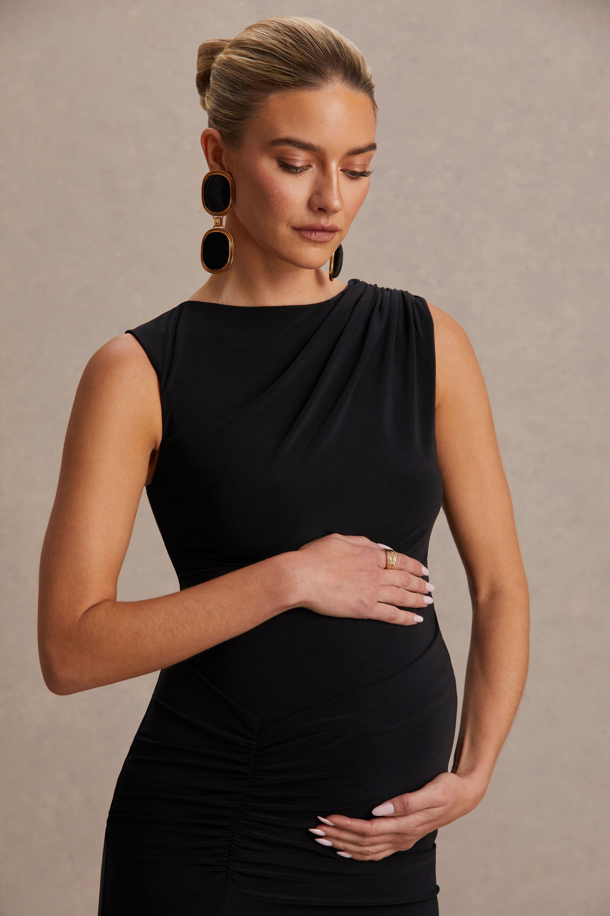 Raven | Black Boat-Neck Maternity Maxi Dress With Gathered-Detailing