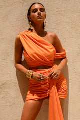 Margo | Orange Linen Asymmetric Mini Dress with Cut-Out Details