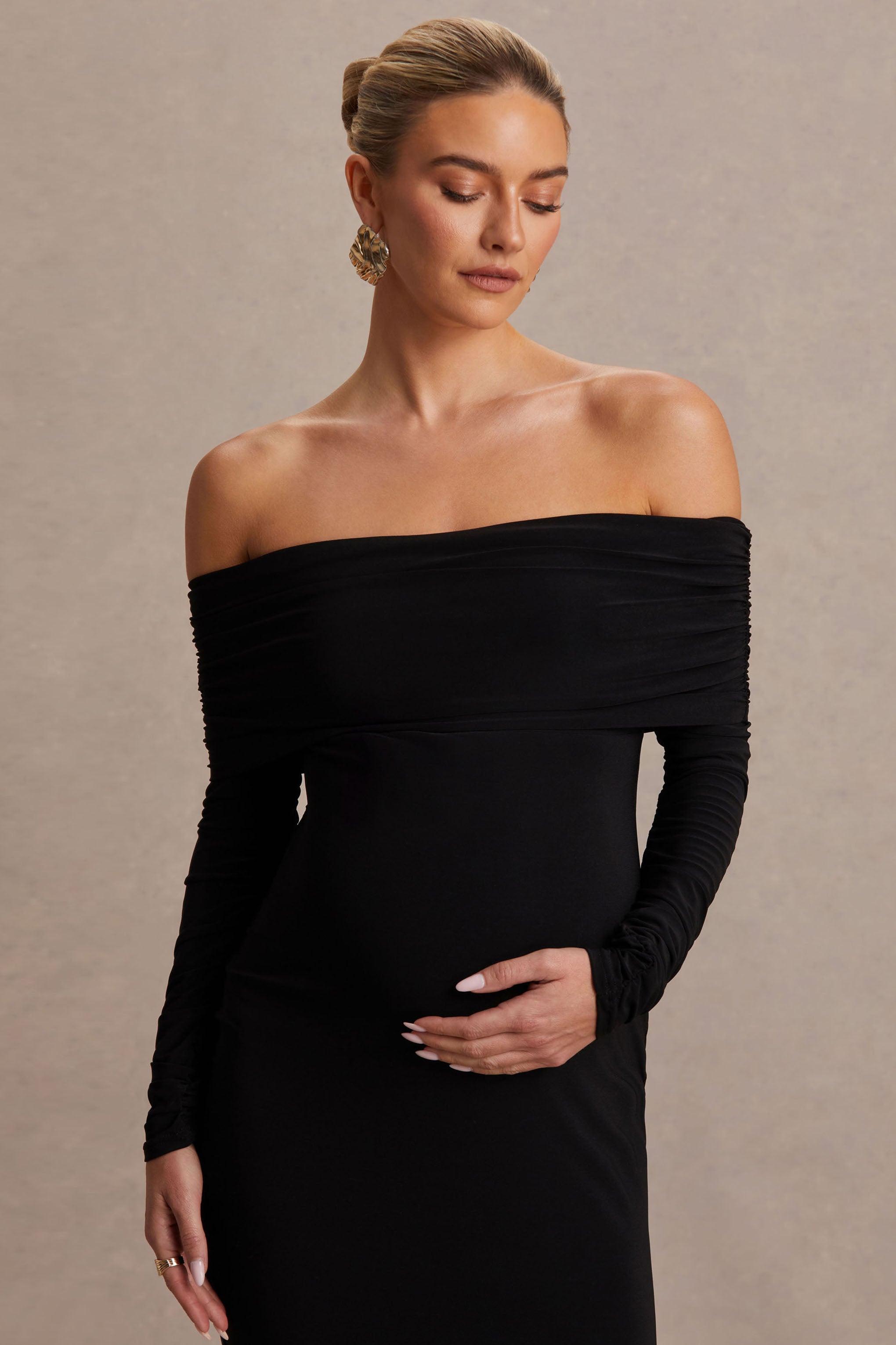 Pretty Perfect | Black Maternity Bardot-Neck Maxi Dress