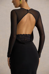 Bethan | Black Cowl-Neck Maxi Dress With Mesh Sleeves And Open-Back