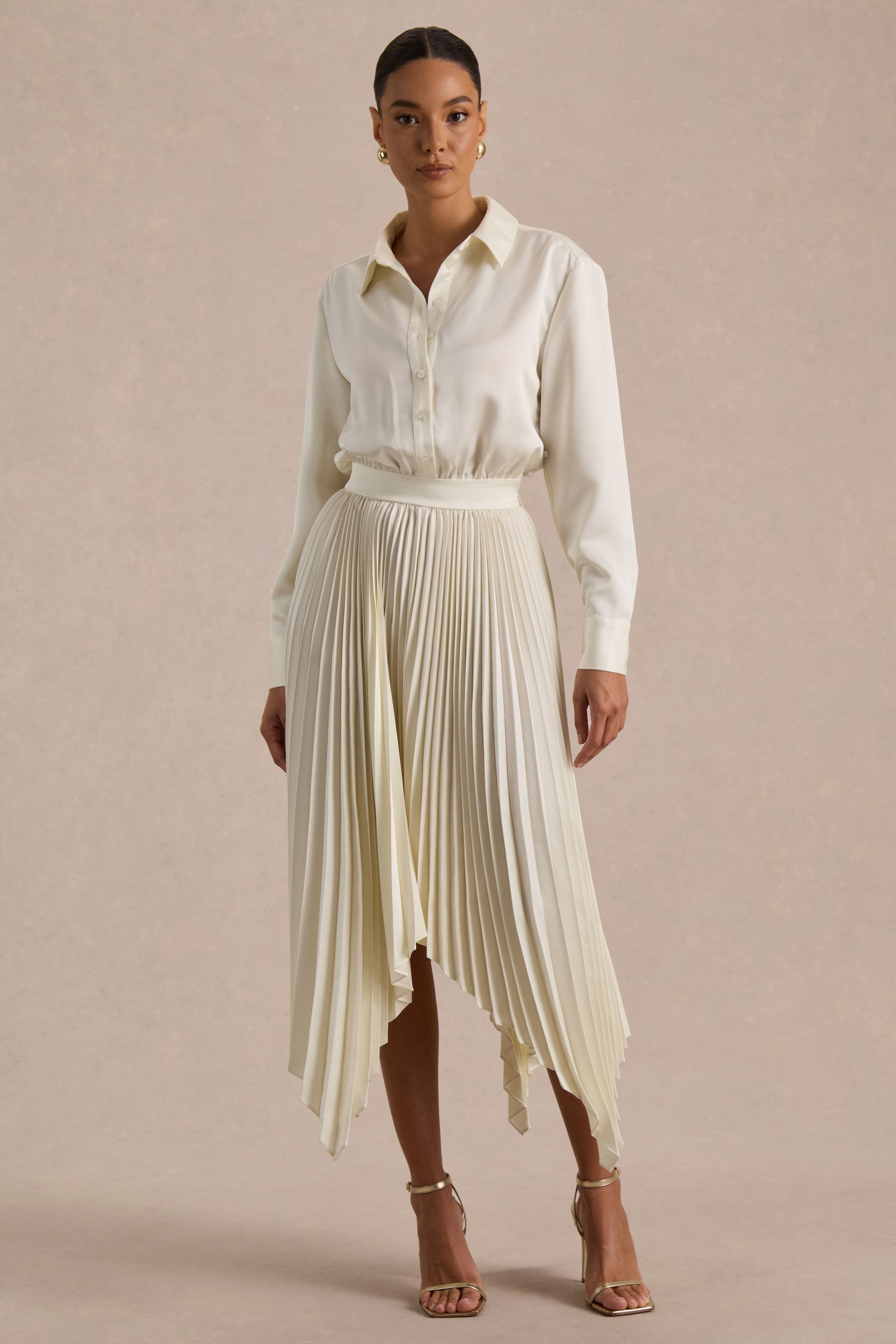 Naxos | Cream Satin Shirt Maxi Dress With Pleated Skirt