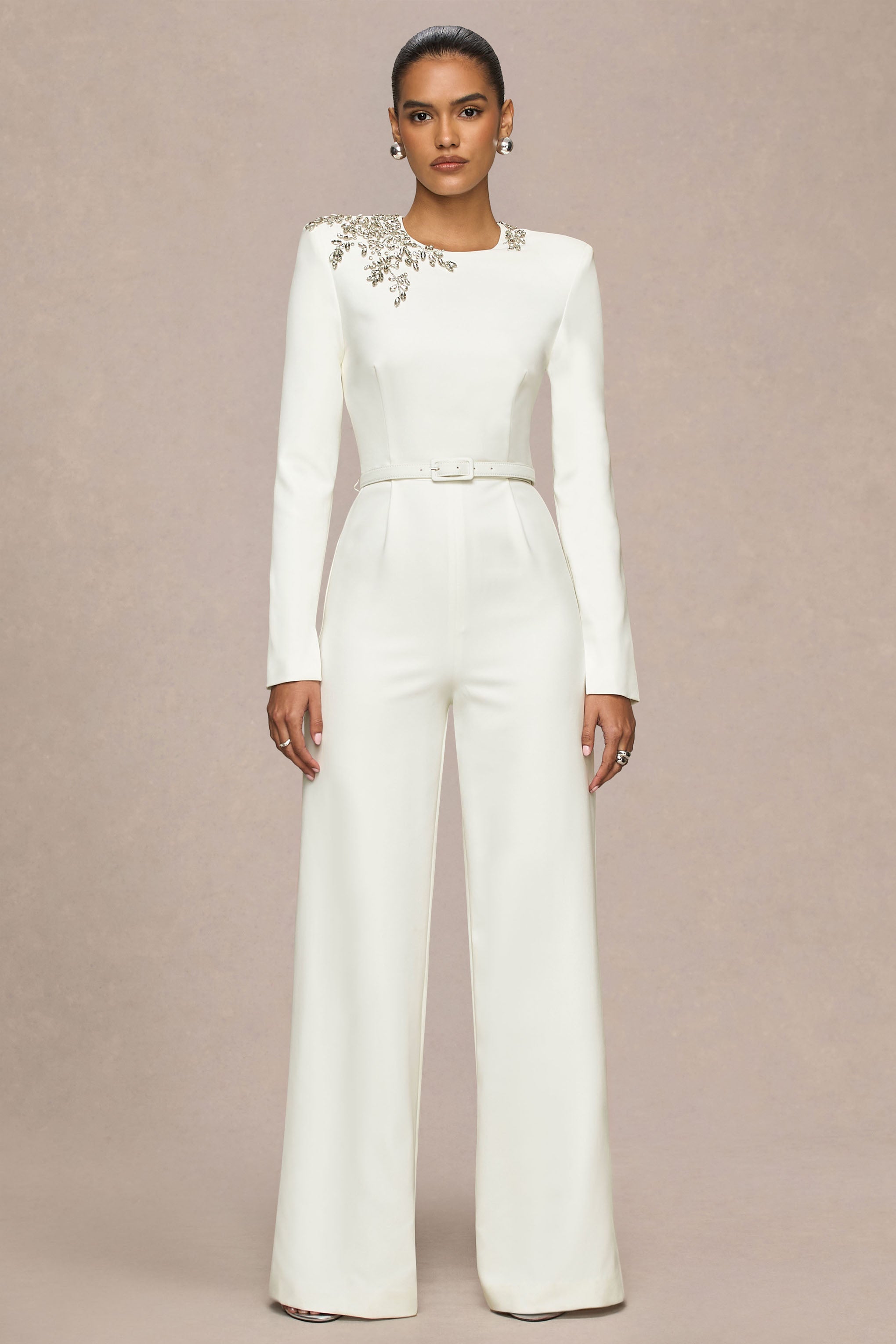 Prize | Cream Crew-Neck Jumpsuit With Embellishment Detail