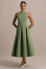 Elisia | Olive Crew-Neck Belted Midi Dress