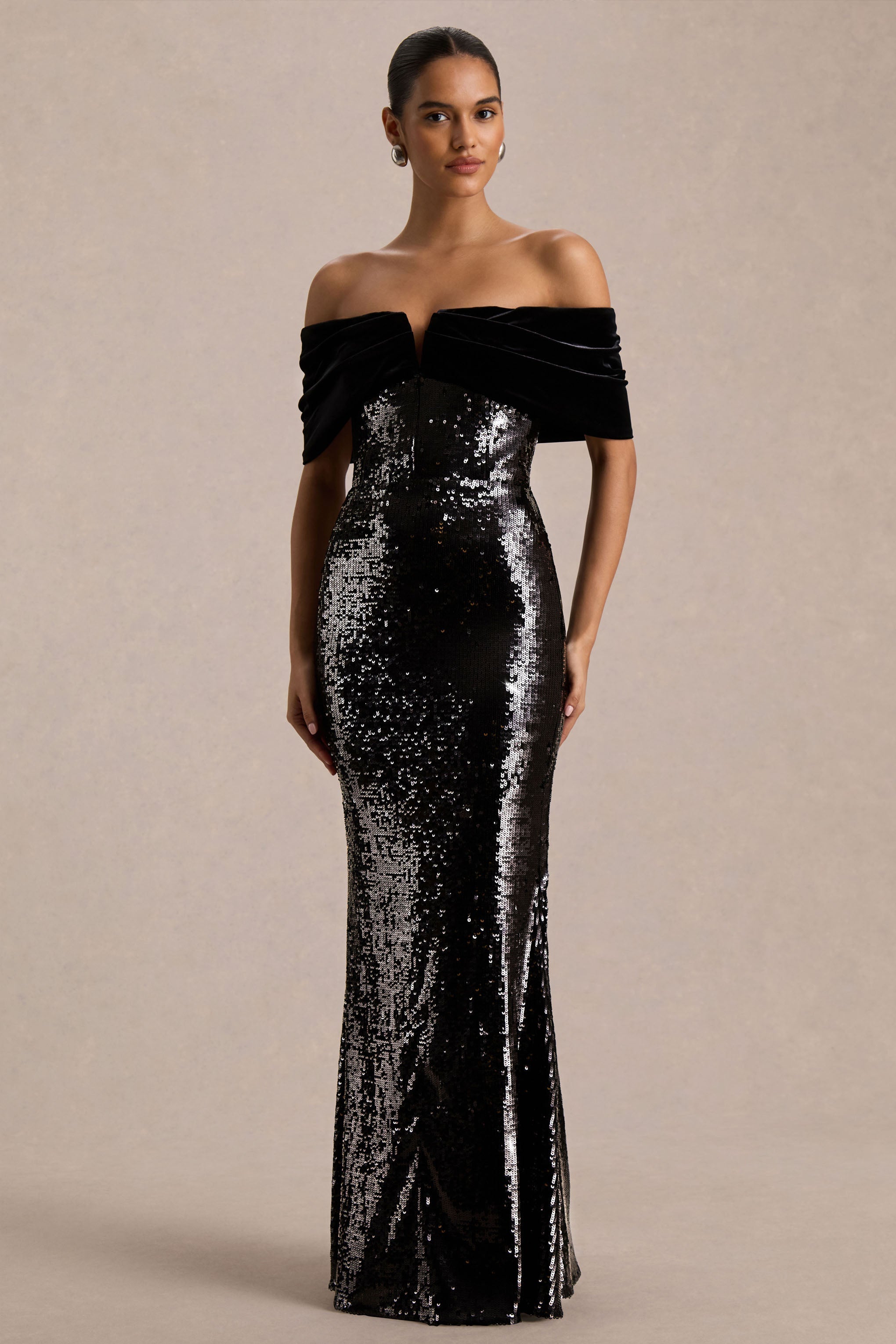 Bex | Black Sequin And Velvet Bardot-Neck Maxi Dress