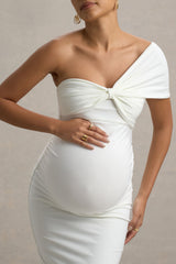 Admired | White Ruched One-Shoulder Maternity Midi Dress
