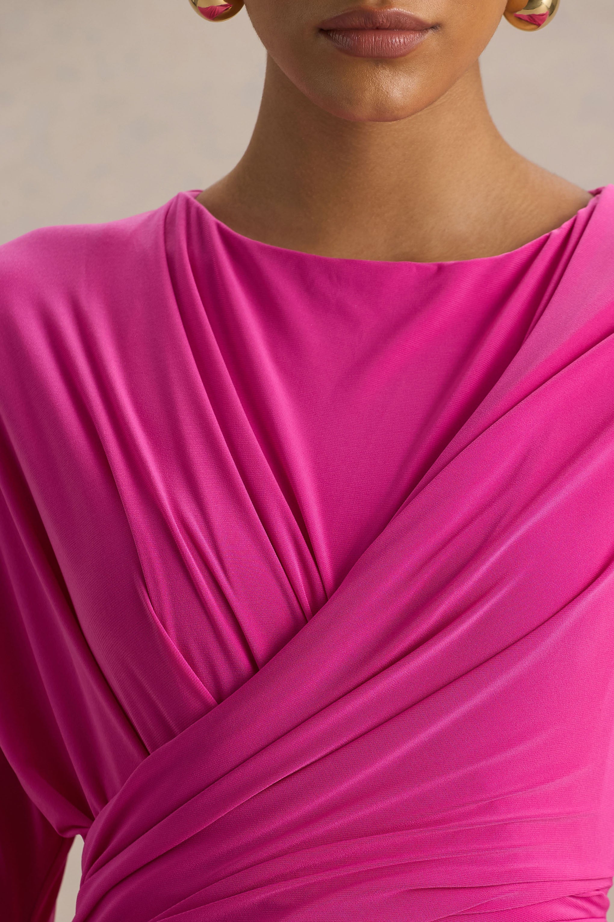 Regina | Hot Pink High-Neck Draped Wrap Maxi Dress