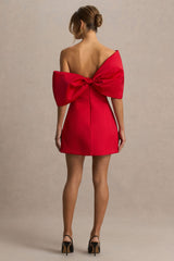 Tindra | Red Bandeau-Neck Mini Dress With Bow Sleeves