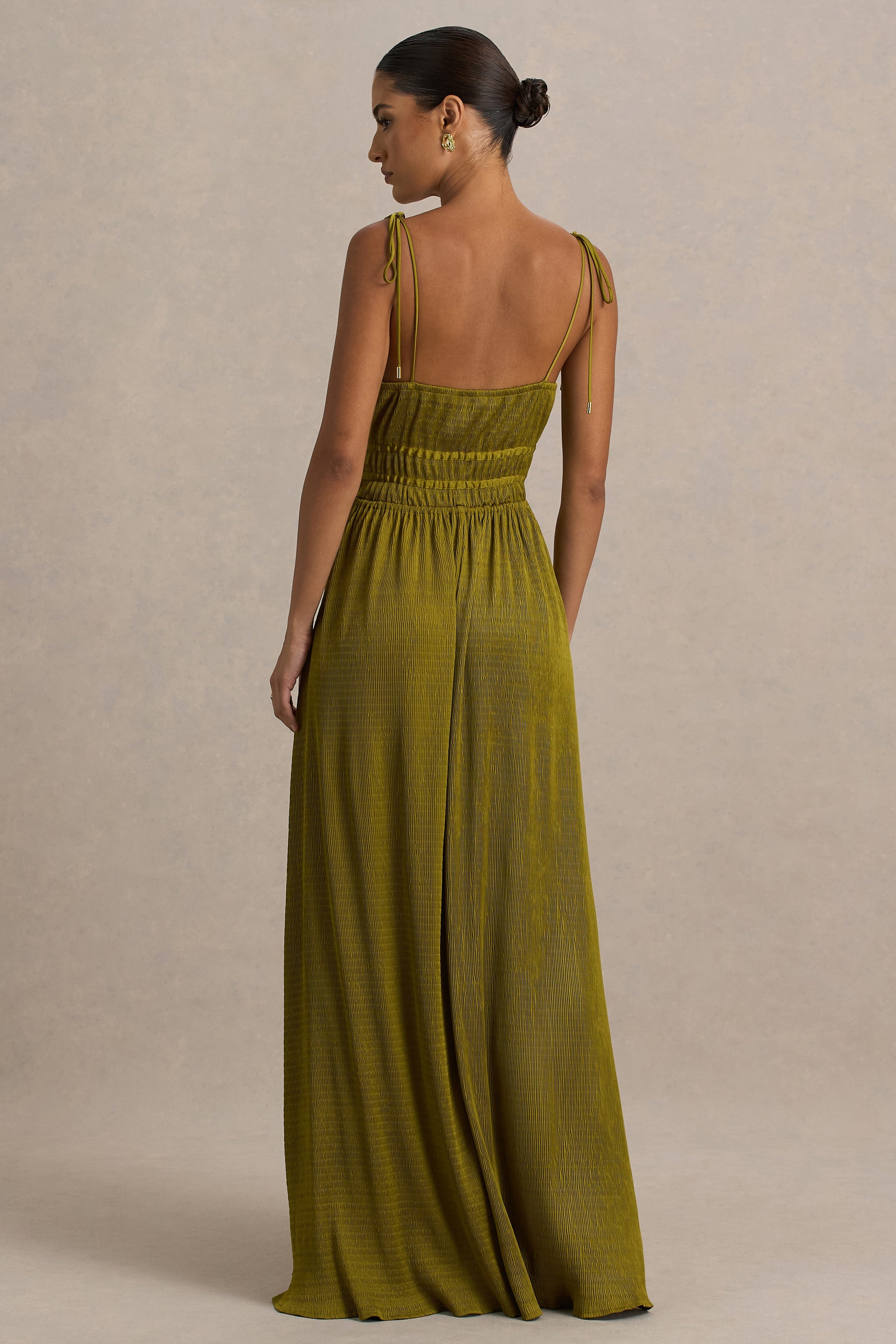 Azalea | Green Square-Neck Maxi Dress With Chest Cut-Out And Pleated Detailing