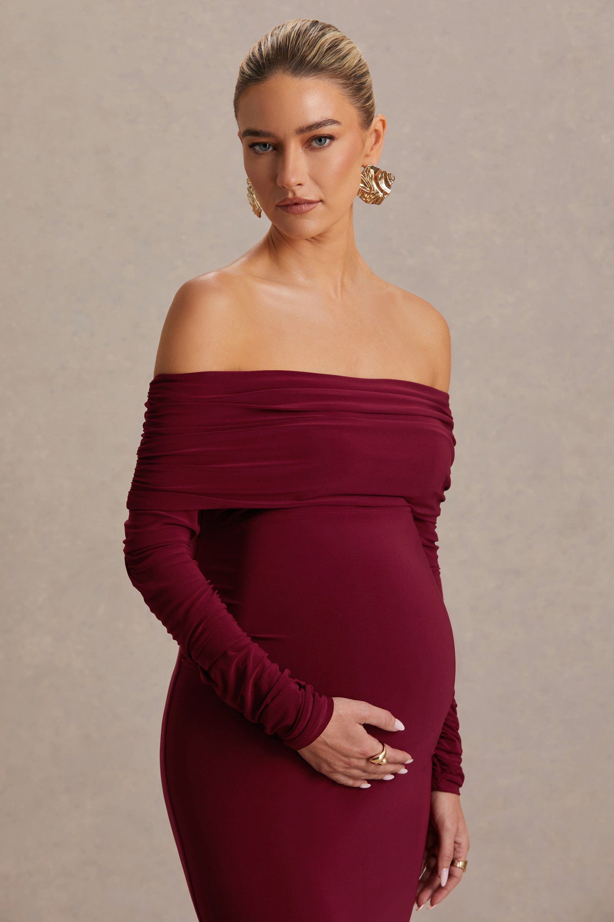 Odessa | Berry Bardot-Neck Maternity Maxi Dress
