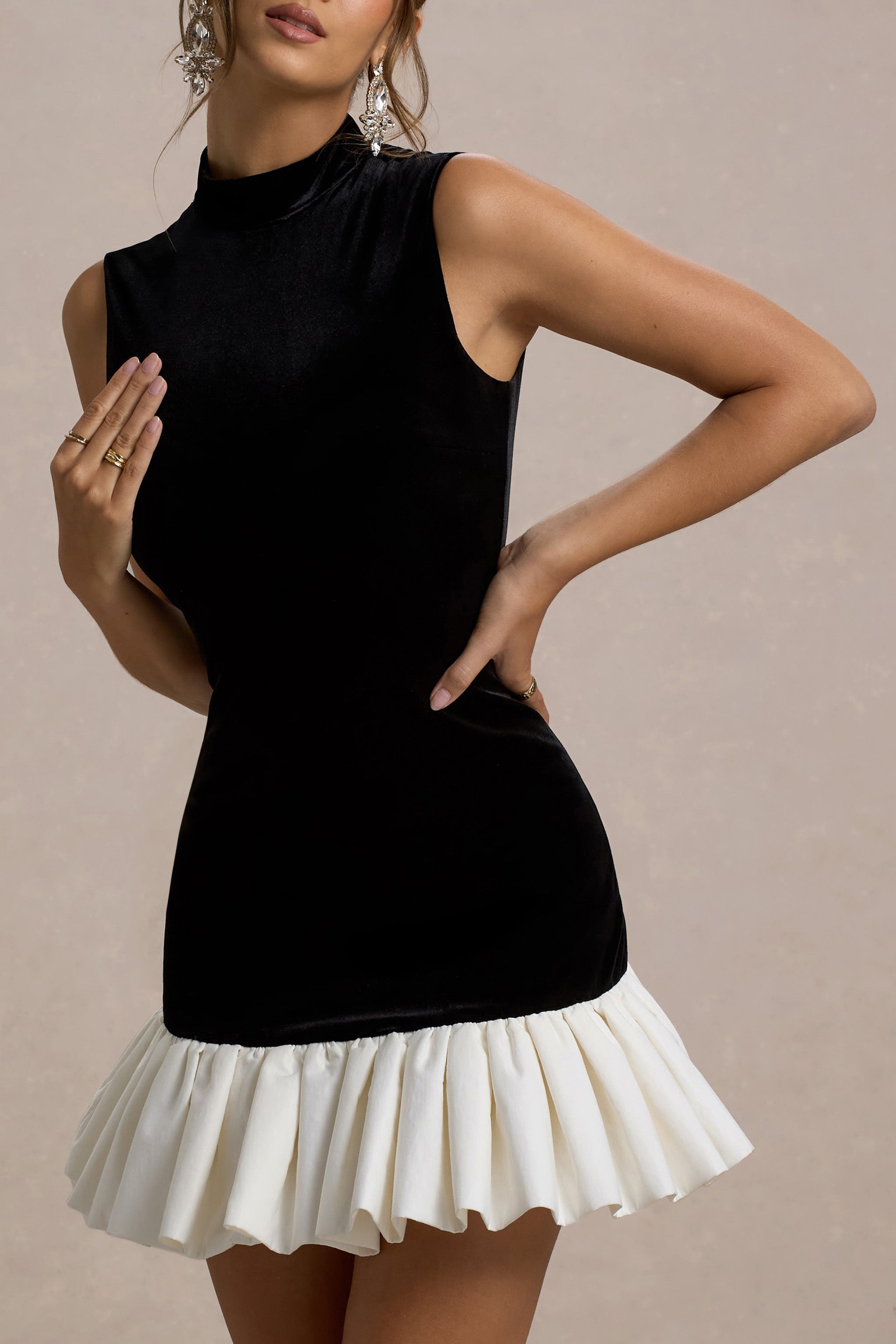 Baxter | Black & White Velvet Mini Dress With Satin Ruffle Trim