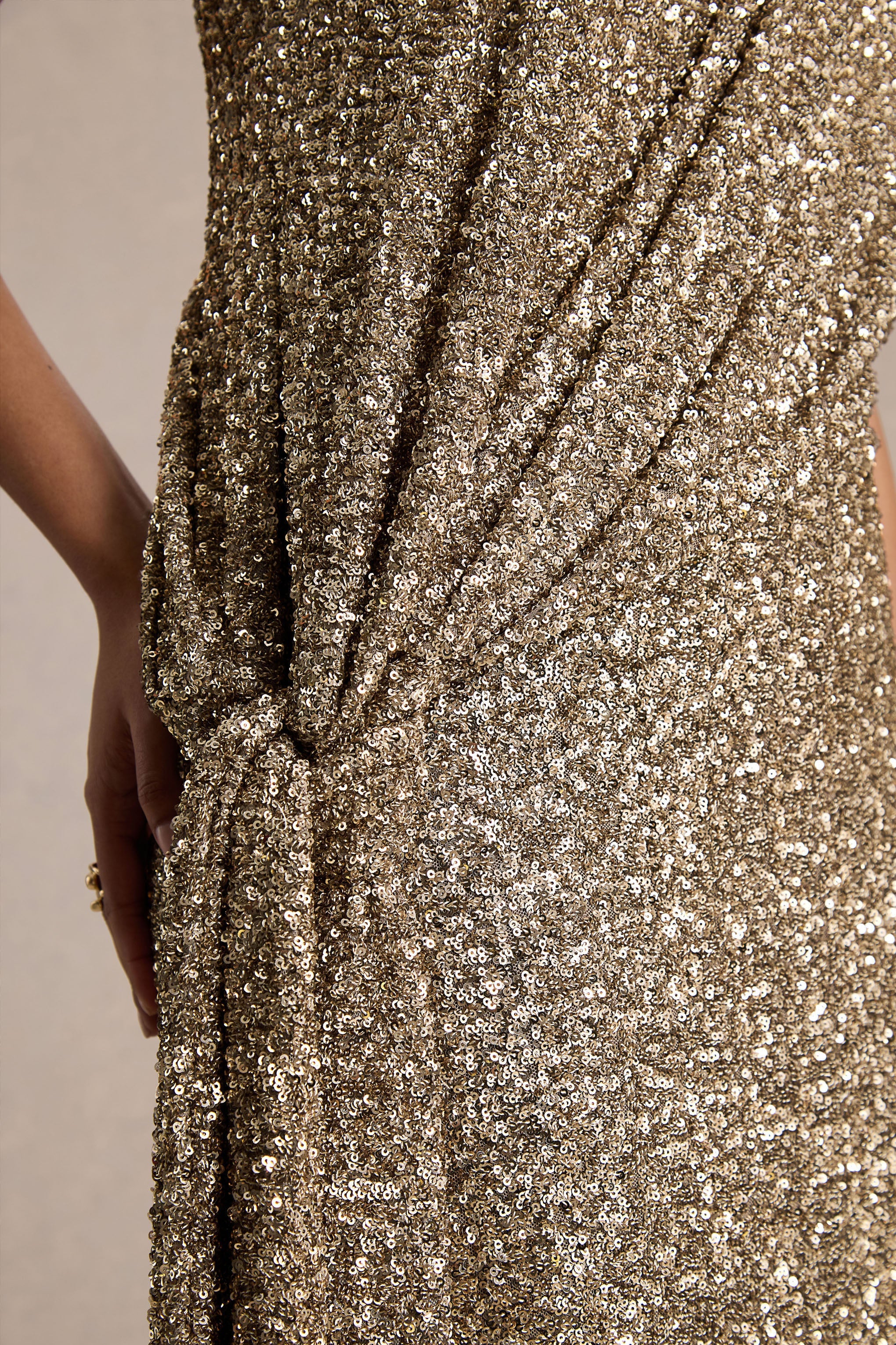 Liori | Champagne Sequin Asymmetric-Neck Maxi Dress With Sash