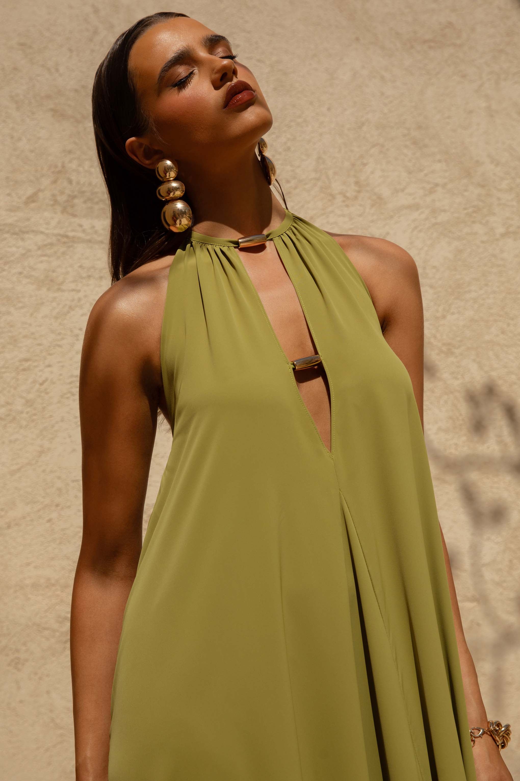Zyon | Green High-Neck Maxi Dress with Cut-Out Details