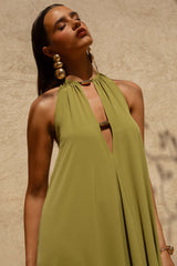 Zyon | Green High-Neck Maxi Dress with Cut-Out Details
