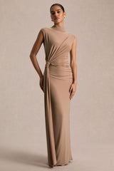 Solene | Brown High-Neck Maxi Dress With Wrap And Drape Detail
