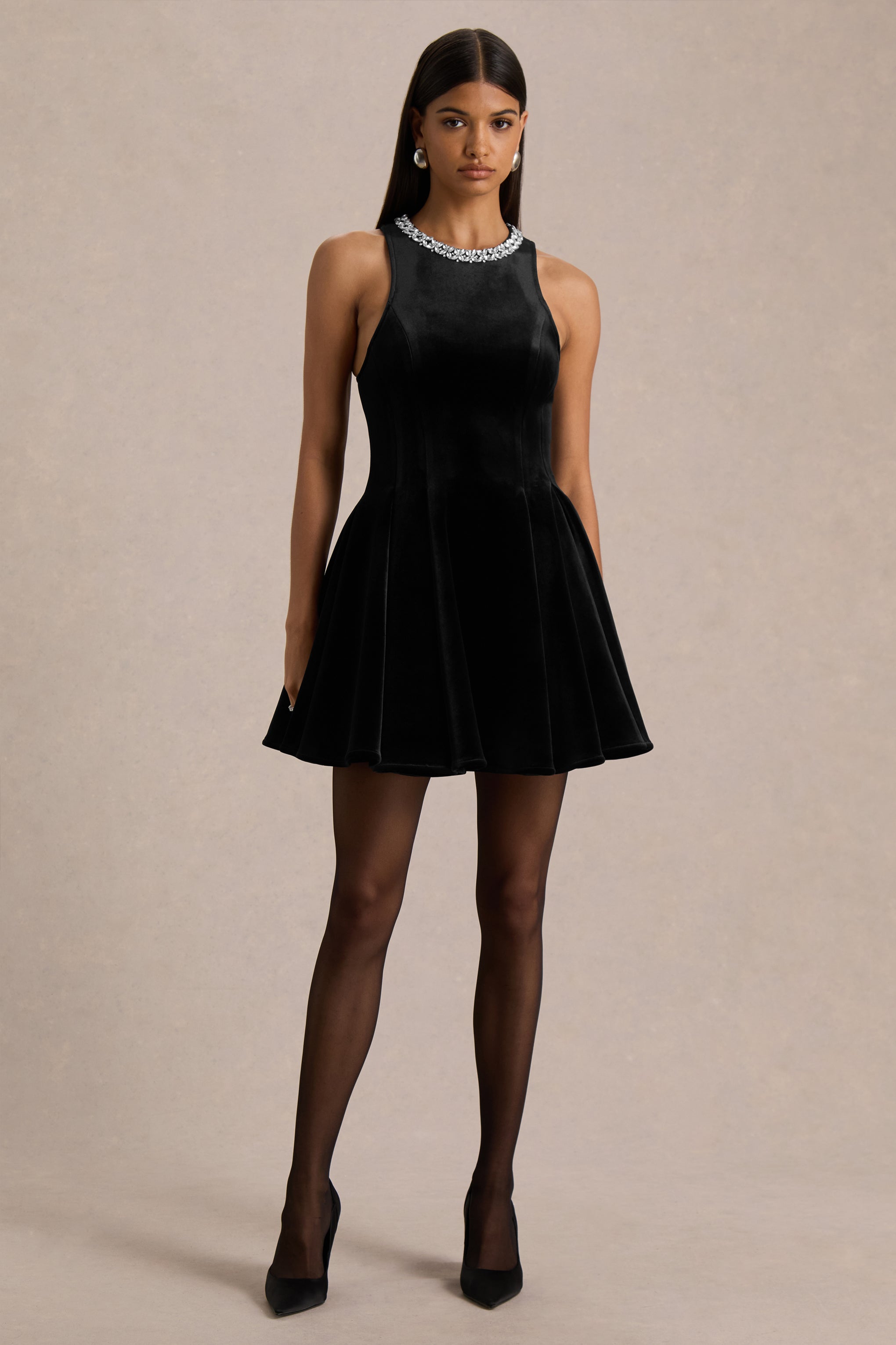 Meva | Black Velvet Hand-Embellished High-Neck Mini Dress