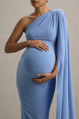 Amaryllis | Powder Blue Maternity One Shoulder Maxi Dress with Cape Sleeve