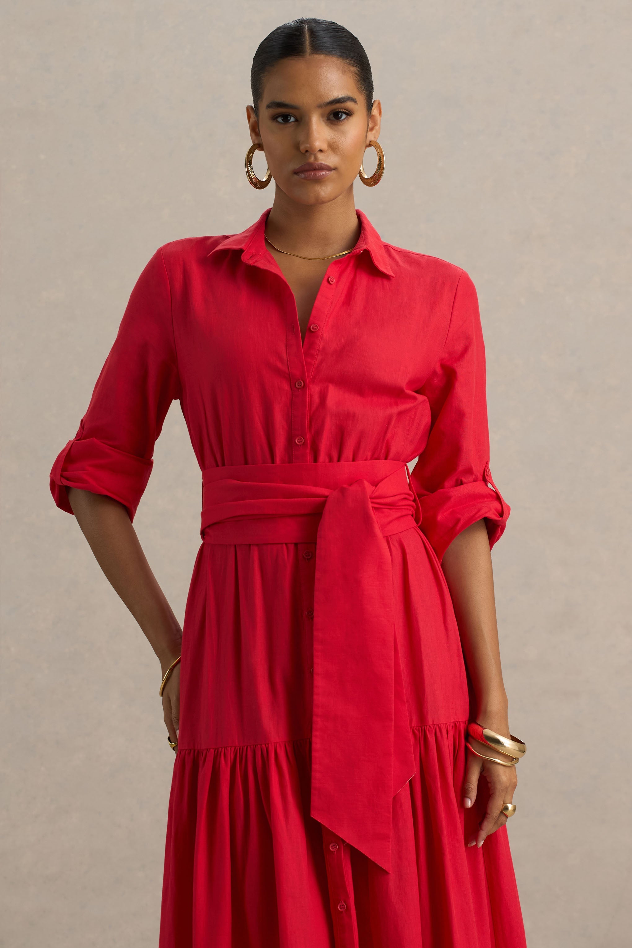Sydney | Red Belted Maxi Shirt Dress