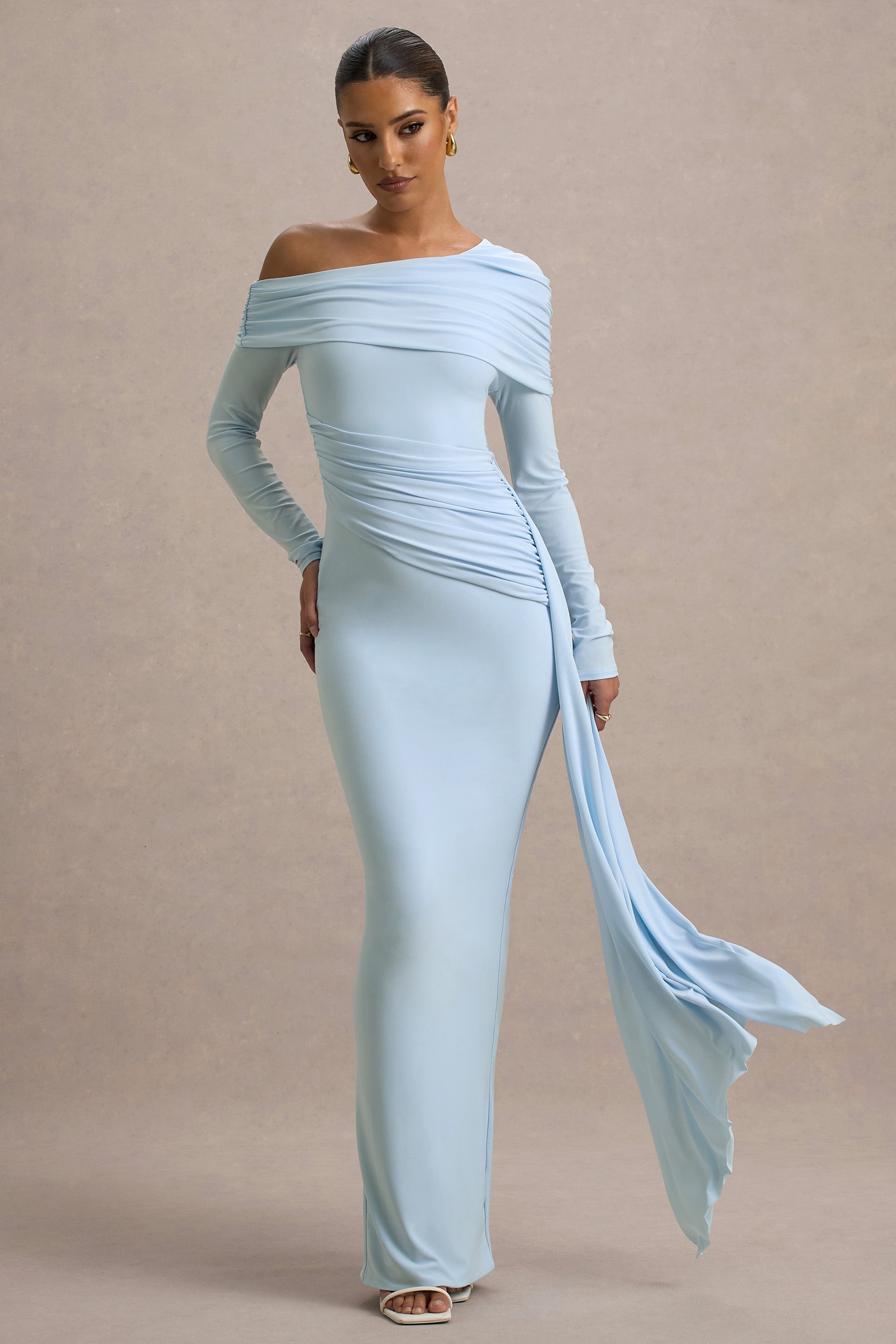 Valina | Powder Blue Ruched Asymmetric Maxi Dress With Drape