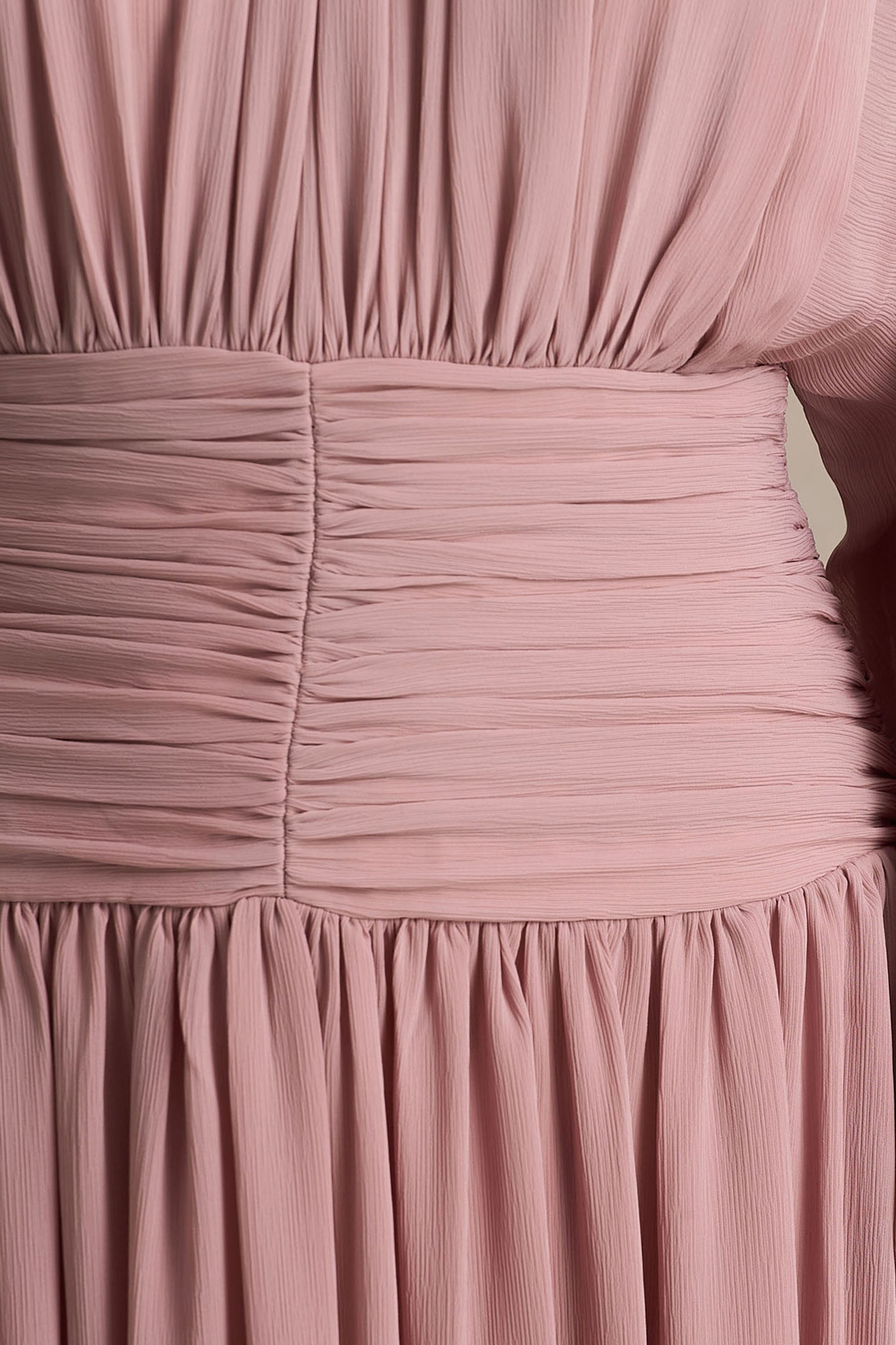 Annabel | Dusty Pink High-Neck Midi Dress With Drop-Waist And Pleated Detailing