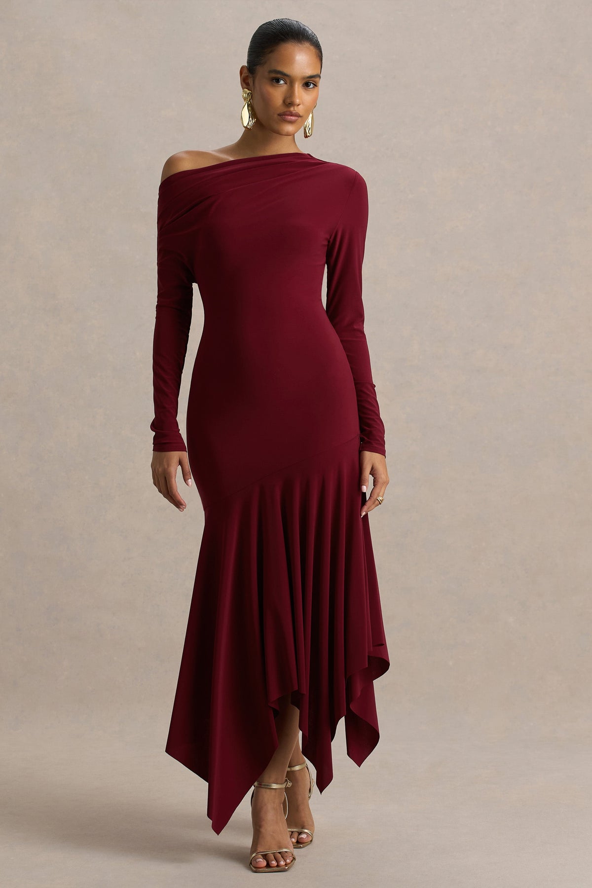 Isola | Burgundy Asymmetric-Neck Midi Dress With Hanky-Hem