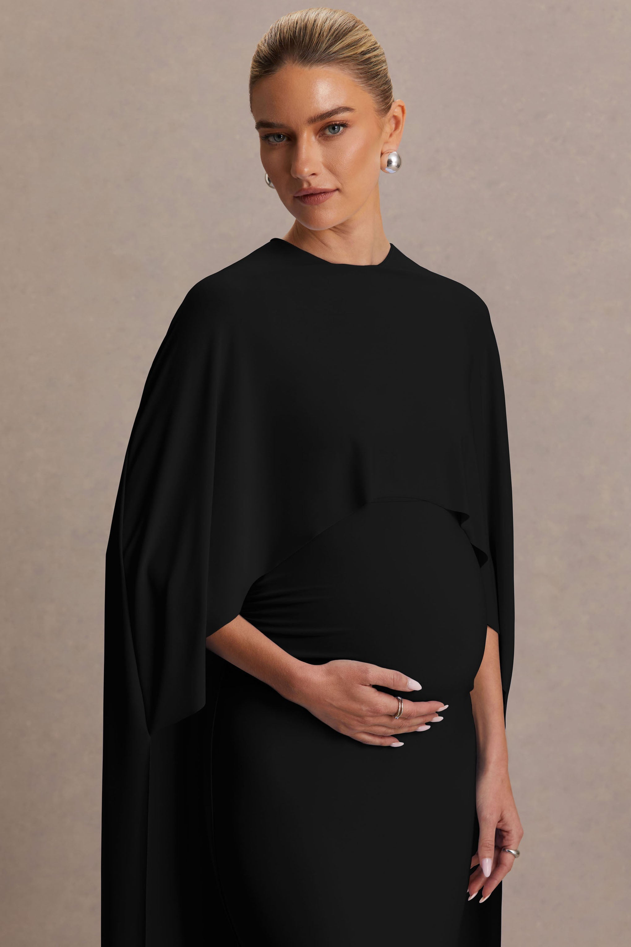 Padma | Black Draped Maternity Maxi Dress With Cape Sleeves