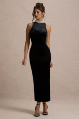 Audrine | Black Velvet Embellished High-Neck Maxi Dress