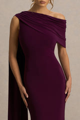 Tiana | Dark Plum Asymmetric-Neck Maxi Dress With Draped Detail